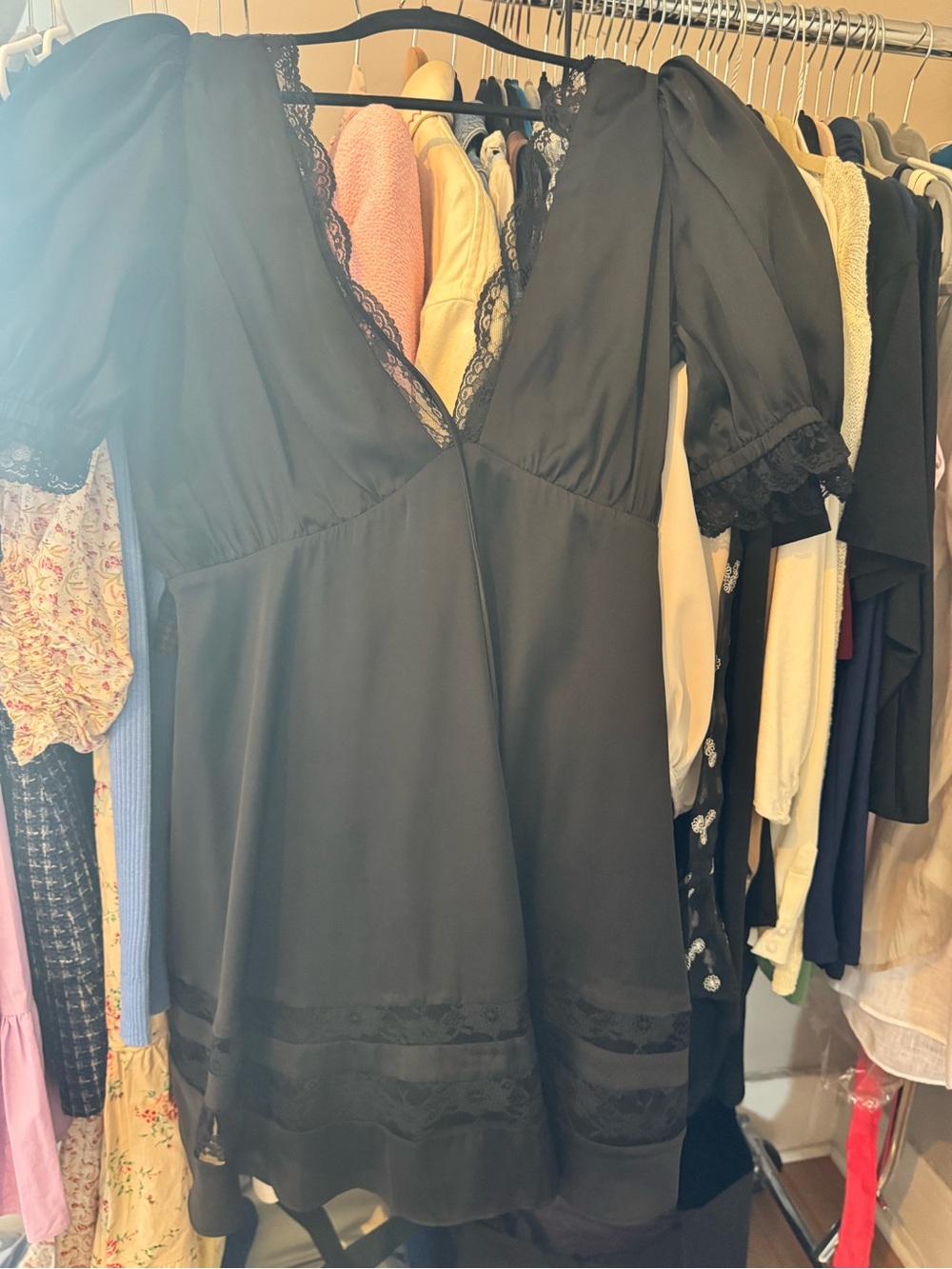 MAJORELLE Black Lace-Trim Midi Dress